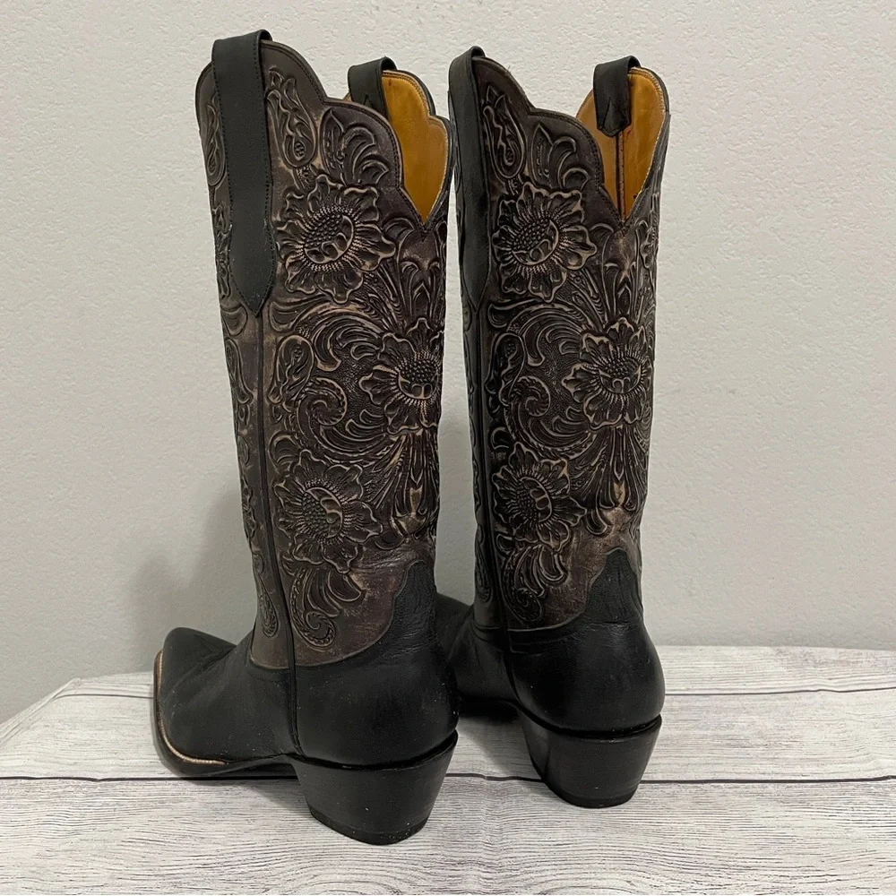 Leddy Vaquero Boots Western Tall Tooled Leather Black Dress Dancing Womens 9 B - Picture 3 of 12